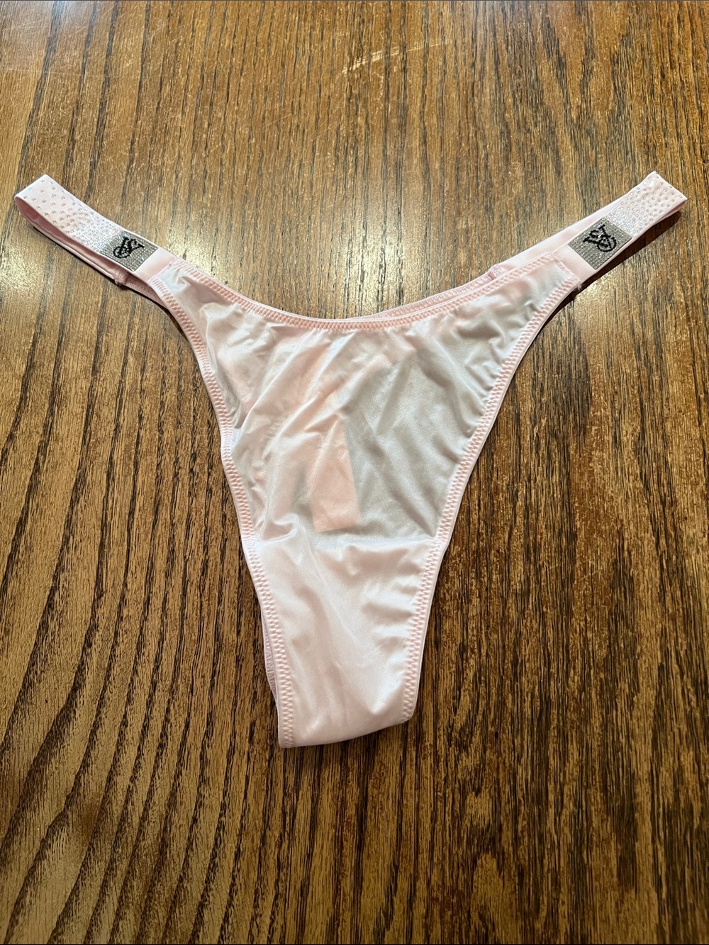 Soft Pink Stretch Thong Panties With Rhinestone logos Size L
